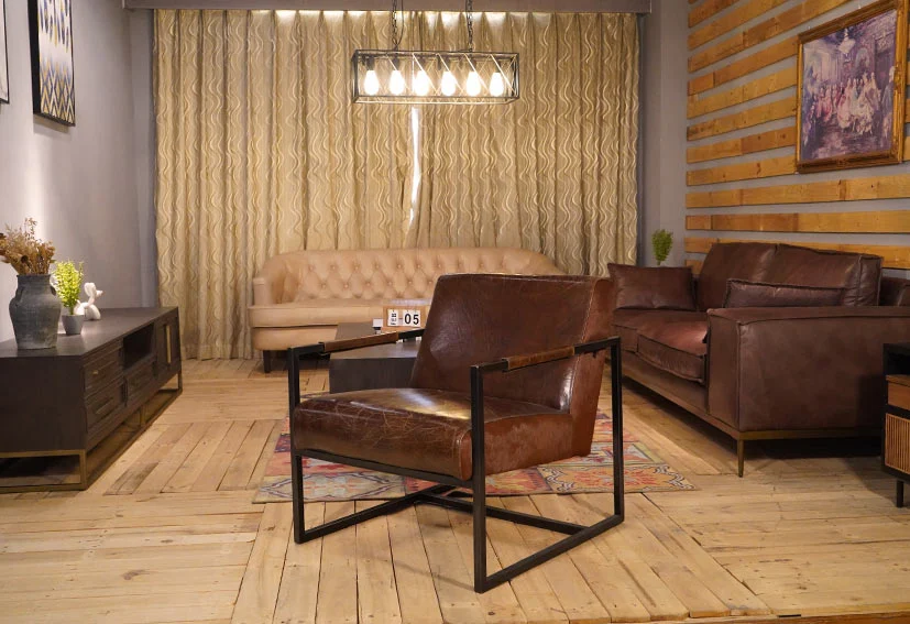 leather sofa manufacturerVintage Genuine leather and metal chair-Brown-ROWEN-Iconic Society Furniture轮播1