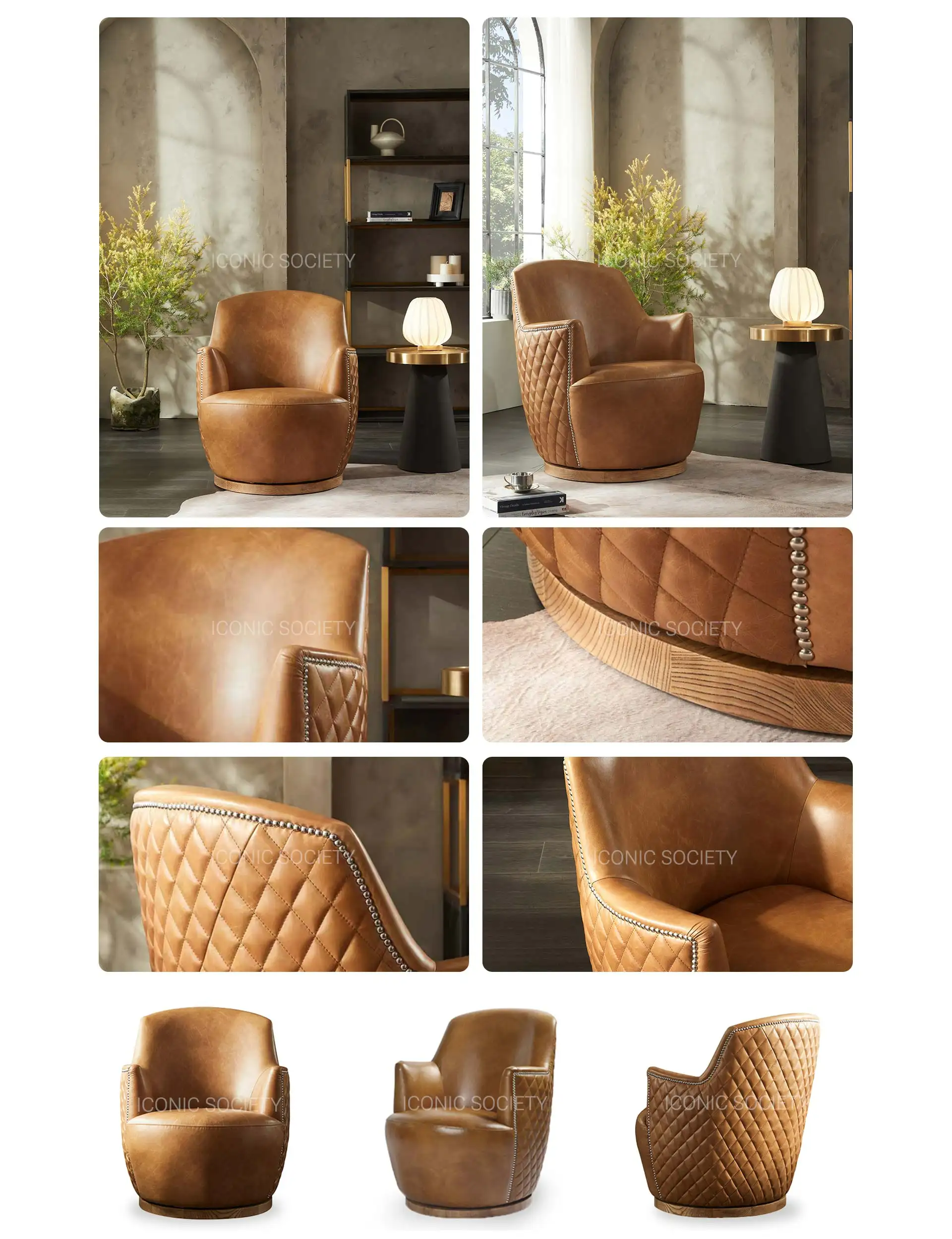 Leather Upholstered Barrel Swivel Chair-Cognac-ALRIGHT NOW -Iconic Society 5-PC (2)