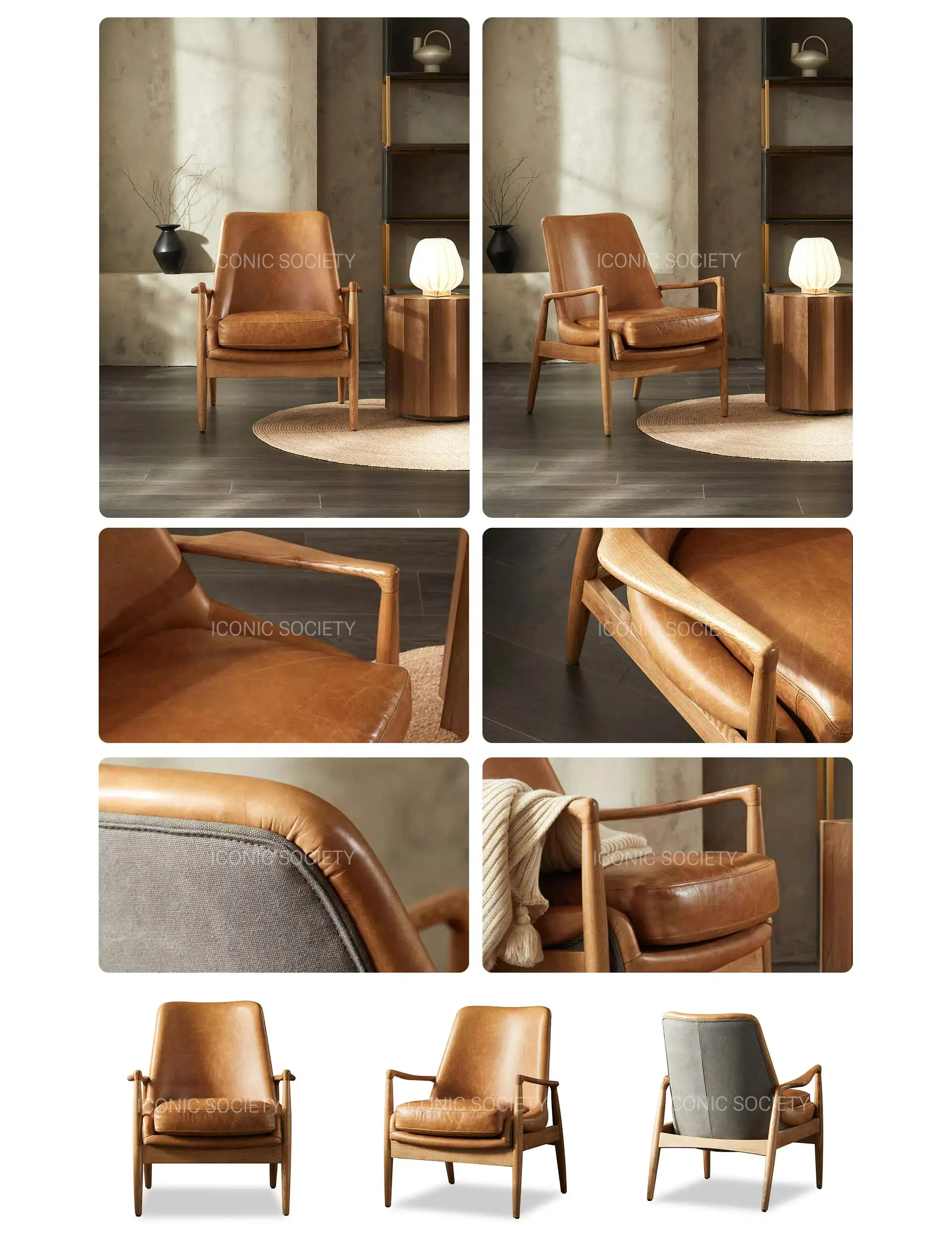 leather sofa factory- Mid-Century Modern wood and Leather arm Chair-Brown-PORTOLA -Iconic Society Furniture-PC