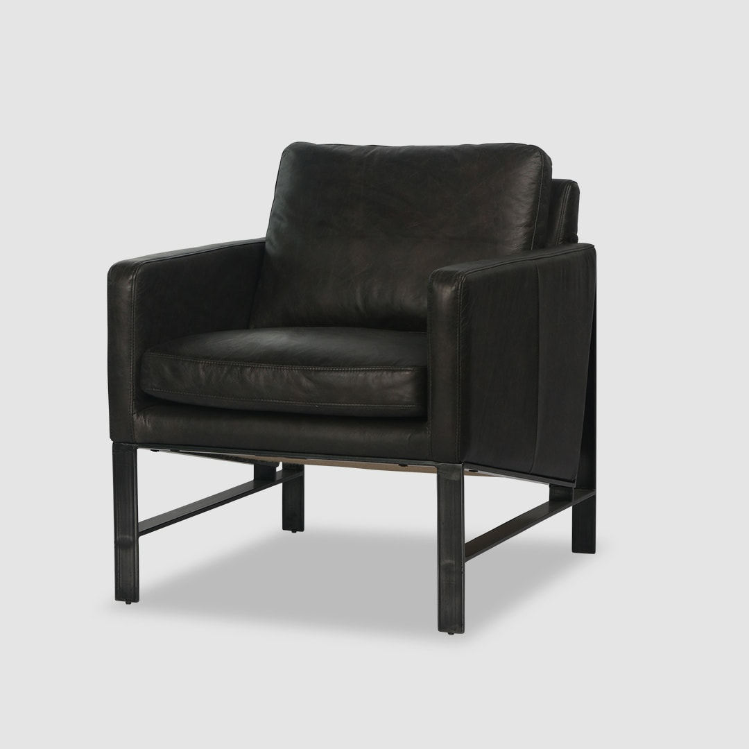 fine leather furniture manufacturers- Silas Mid-Century Modern Leather arm Chair-Black-ORLEANS -Iconic Society  72125B