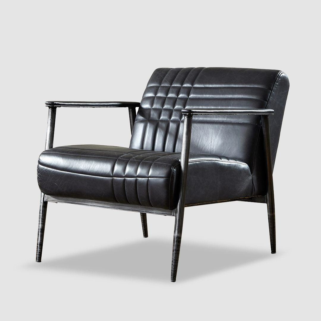 fine leather furniture manufacturers- Silas Mid-Century Modern Leather arm Chair-Black-ORLEANS -Iconic Society  72260