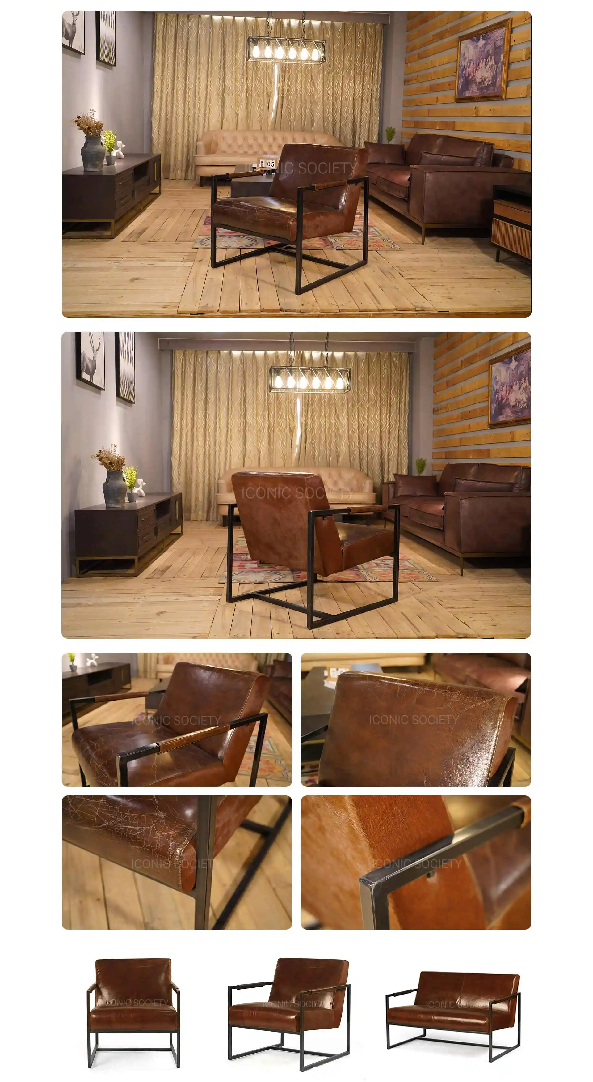 PC leather sofa manufacturerVintage Genuine leather and metal chair-Brown-ROWEN-Iconic Society Furniture PC