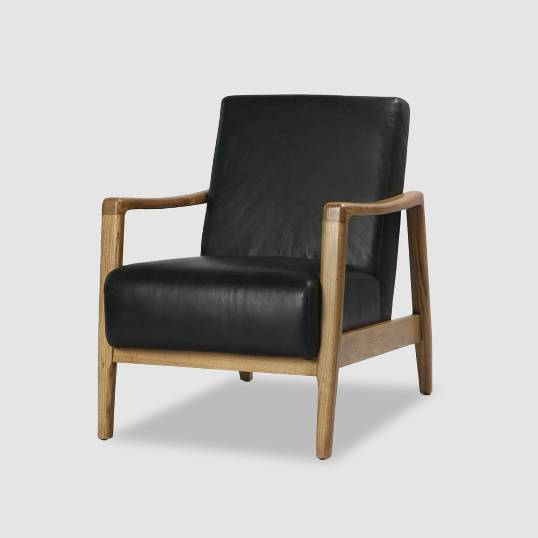 fine leather furniture manufacturers- Silas Mid-Century Modern Leather arm Chair-Black-ORLEANS -Iconic Society 83-2