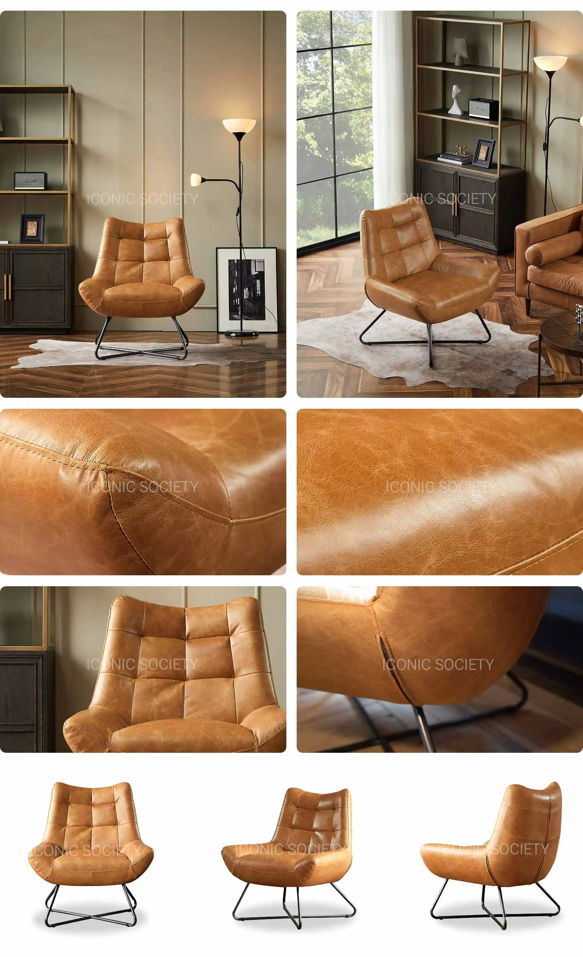 Top Grain Leather Metal  Lounge Chair -Cognac-POLANCO -Iconic Society 13