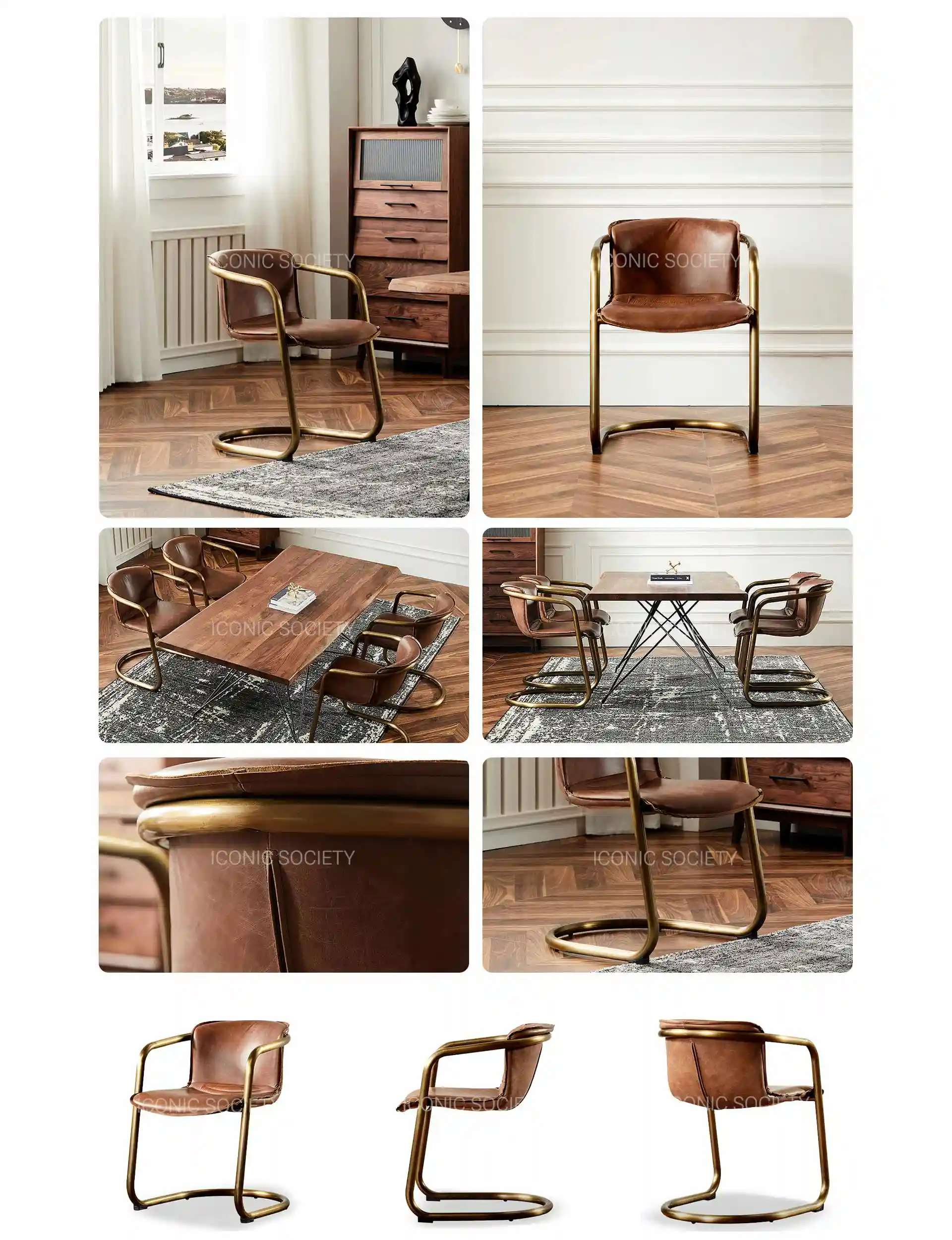 Industrial  Metal and Leather Dining Chairs- Mexico Brown-GRAPHITE FRAME - Iconic Society 13