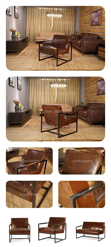 leather sofa manufacturerVintage Genuine leather and metal chair-Brown-ROWEN-Iconic Society Furniture YD